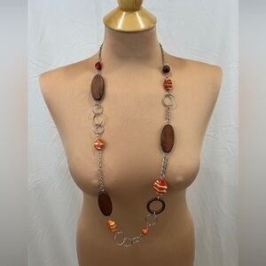 Retro Looking Brown & Orange Bead Wood Chain Link Long Necklace